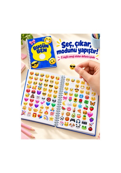 Bugün Ben Emoji Defteri A5 Spiralli 50 Yaprak 100 Sayfa Çizgili 2 Sayfa Emoji Sticker Dahil Mavi