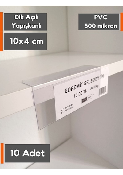 10 Adet Pvc Etiketlik Raf Önü Dik Yapışkanlı 10x4cm Vitrin Etiket