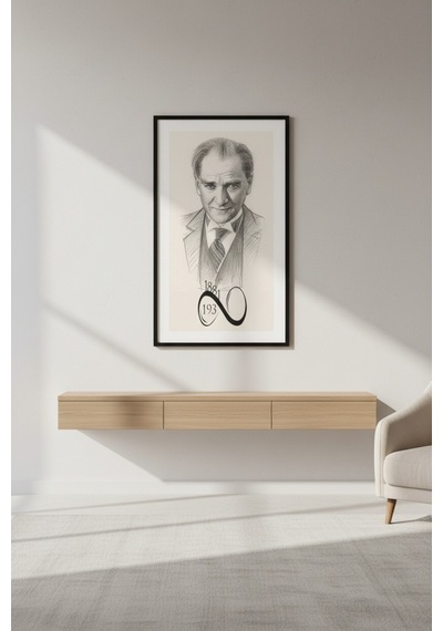 Atatürk Karakalem Portre Tablo 60x25 Cm Çerçeveli Siyah Çerçeve Modern & Klasik Duvar Dekoru
