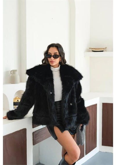Neşeli Butik Kadın Siyah Astarlı Kürk Kaban Nbmylk32 Siyah