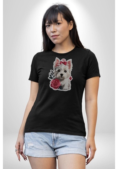 Siyah Highland Teriyeri Kırmızı Gül Unisex Unisex Siyah Organik Baskılı T-shirt Penye Yüksek Kalite Siyah