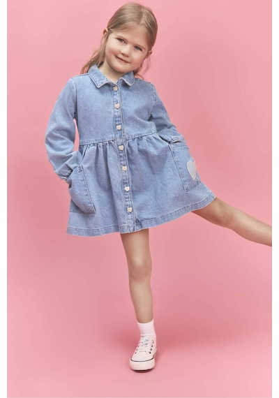 Defacto Uzun Kollu Jean Elbise Kız Bebek H0372a526smnm39 Mavi-nm39