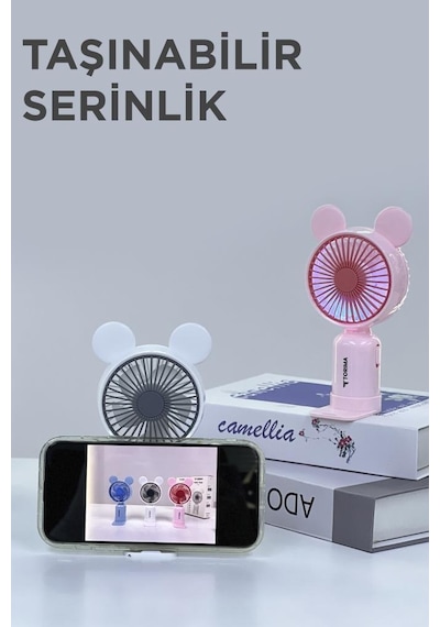 Torima F-12 Beyaz Mini Taşınabilir Fan Şarjlı 2 Kademeli Ledli Ayıcık Kulak Vantilatör Klima Soğutucu Fan