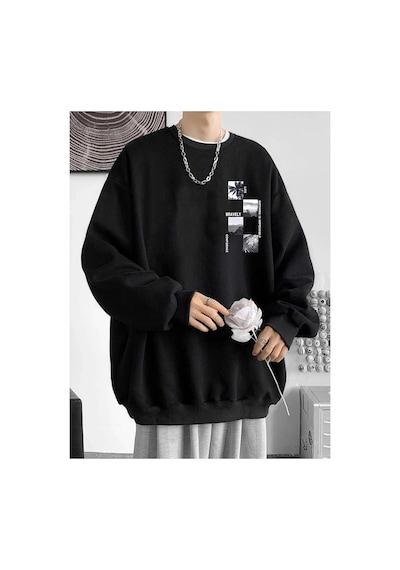 Tarzsokak Unisex Bravely Baskılı Oversize Bisiklet Yaka Sweatshirt Siyah