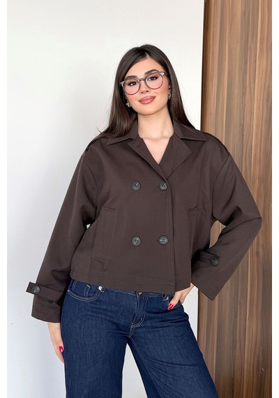 Jee Lee Kadın Gömlek Yaka Düğmeli Kısa Trençkot Kahverengi - 27k 3056