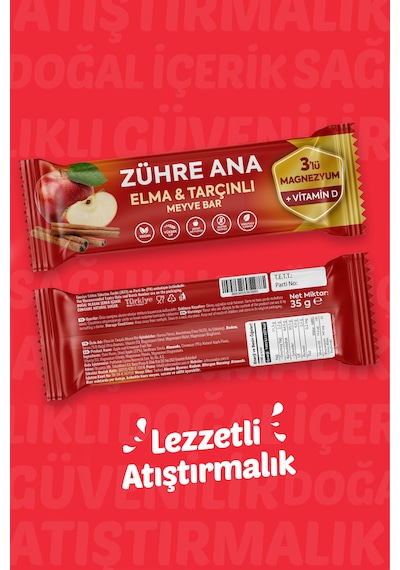 3'lü Magnezyum Ve Vitamin D İçeren Meyve Bar, Şeker İlavesiz Elma Ve Tarçınlı 35 Gr X 12 Adet