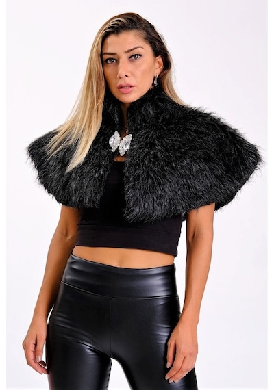 Keyifli Moda Kadın Siyah Broşlu Kürk Etol Bolero