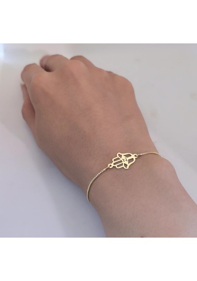 Z Harfine Özel 14 Ayar Altın Plakalı Zincirli Hamsa Motifli Hediye Bileklik-497harf Z