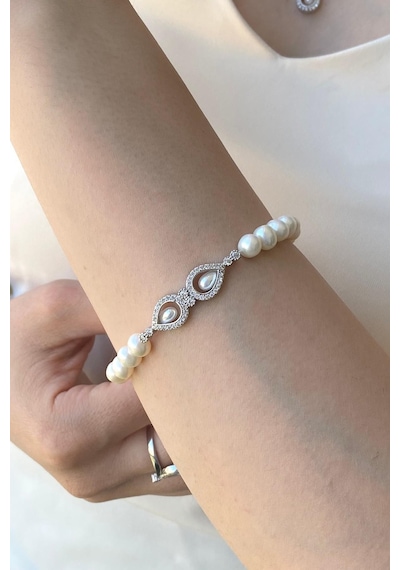 7,5 Mm Zirkon Taşlı Doğal İncili Kadın Bileklik 22 Cm / Beyaz Gümüş