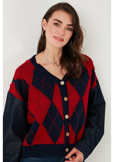 Lela Desenli Regular Fit Düğmeli V Yaka Crop Bayan Hırka 4615553 Lacivert-Kırmızı