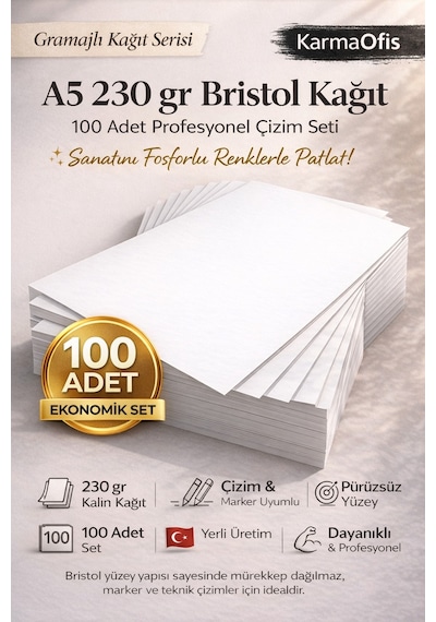 A5 230 Gr Bristol Kağıt 100 Adet Kalın, Pürüzsüz, Marker & Teknik Çizim