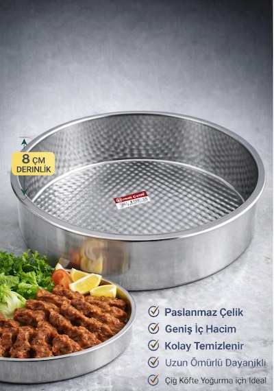 Paslanmaz Çelik Çiğ Köfte Tepsisi 8 Cm Derinlik No : 6 Çapı: 56cm Açık Gri