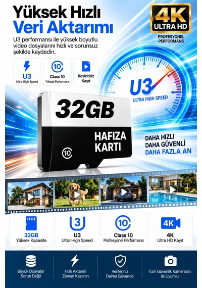 32 Gb Hafıza Kartı Faster Transfer Speed Class 10 4k Video Kayıt Güvenlik Kamera Uyumlu