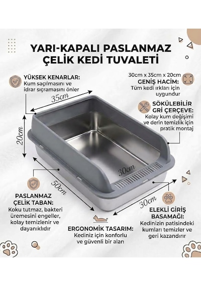 Techtic Yarı Kapalı Çelik Kedi Tuvaleti Yüksek Kenarlı Kürek Hediyeli Paslanmaz Metal Kedi Kum Kabı