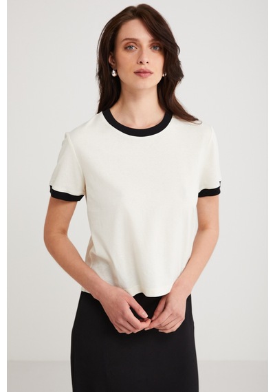 Ethıquet Ashley Kadın %100 Organik Pamuk Biyeli Regular Fit Normal Kalıp Bisiklet Yaka Ekru T-shirt