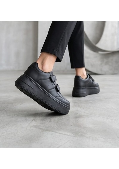 Papucumun Dünyası Aır Kalın Yüksek Taban Cırt Bantlı Kadın Sneaker Siyah