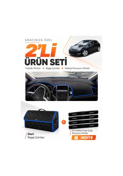 Opel Astra J 2009-2020 Uyumlu Torpido Örtüsü + Deri Bagaj Çantası + Sticker Seti - Siyah Mavi