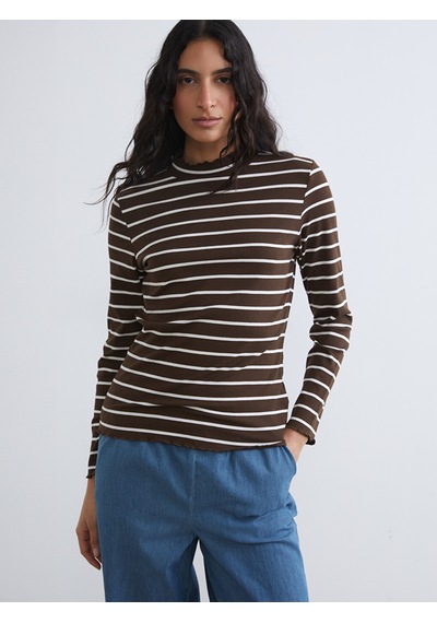 Lcw Modest Ekru Dik Yaka Çizgili Kadın Body