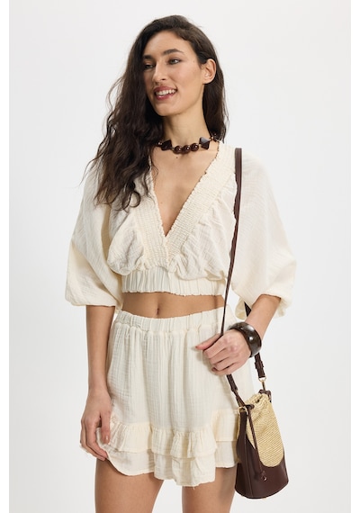 Tudors Kadın Oversize Geniş Kesim %100 Pamuk Kruvaze Yaka Crop Fırfırlı Ekru Şort Etek Takım-50561
