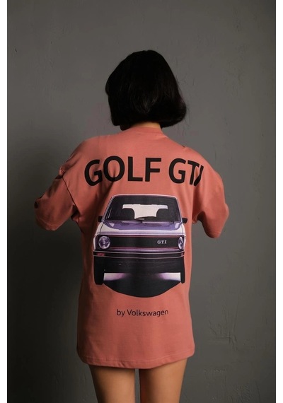 Kadın Oversize Tişört Golf Gtı Retro Araba Baskılı T-shirt - Gül Kurusu