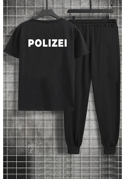 Uyguntarz Unisex Polizei Baskılı 2'li Eşofman Takımı Siyah