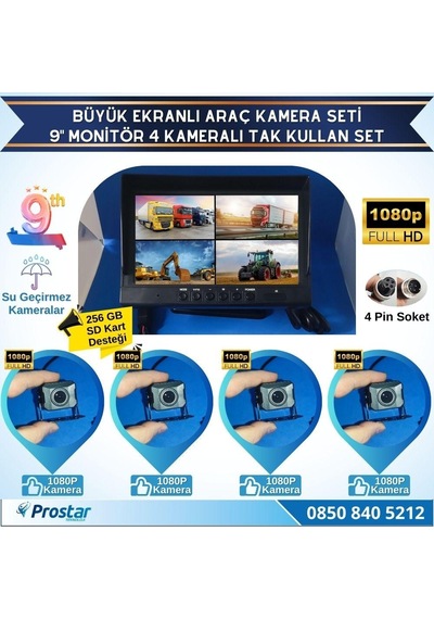 Kayıtlı 9" Monitörlü Ahd 1080p 4 Kameralı 256gb Sd Destekli 4pin