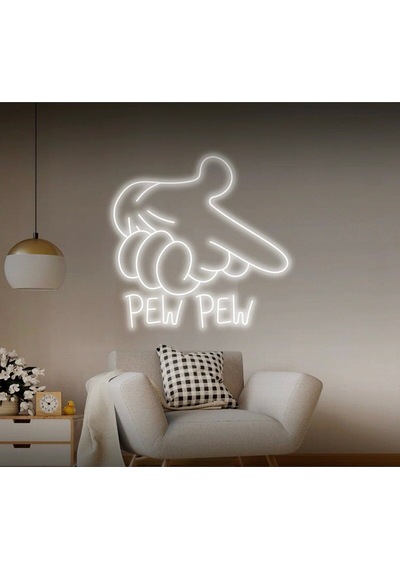 Pew Pew Yazılı Ve Şekilli Neon Tabela Beyaz