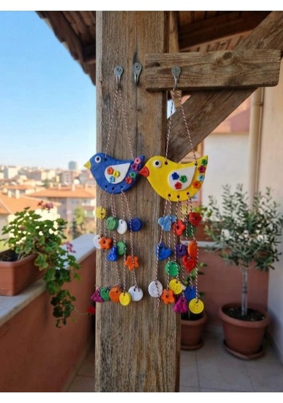 2'li Set Taş Tozu Kuş Figürlü Rüzgar Çanı - Balkon Duvar Süsü El Yapımı