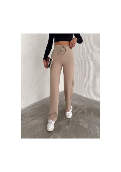 Dechival Kadın Bol Paça Fitilli Pantolon Yazlık Wide Leg Eşofman Altı Ekru
