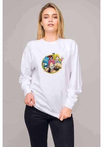 Anime Tail Grup Baskılı Beyaz Kadın Sweatshirt