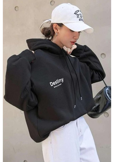Uyguntarz Unisex Destiny Baskılı Siyah Oversize Kapüşonlu Sweatshirt