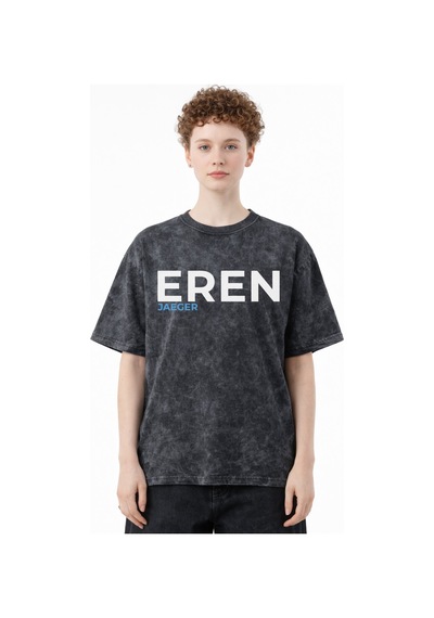 Attack On Titan Eren Jaeger Anime Baskılı Unisex Oversize Eskitme Siyah