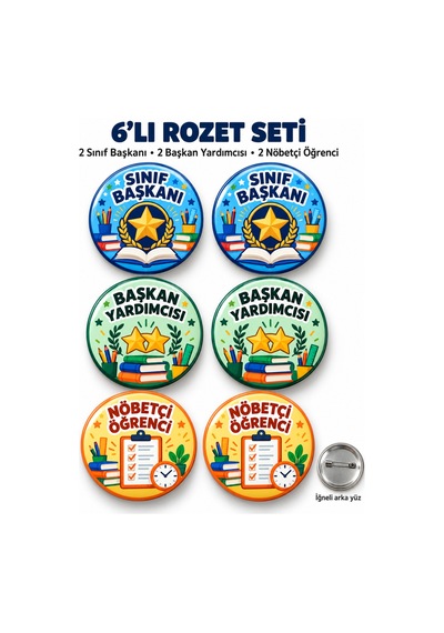 6 Lı Sınıf Görev Rozeti Seti 2 Sınıf Başkanı, 2 Başkan Yardımcısı, 2 Nöbetçi Öğrenci 44 Mm İğneli Rozet Diğer