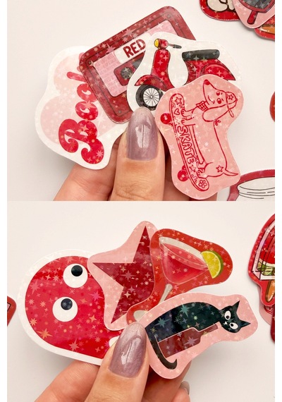 Kırmızı Renk Temalı Hologram Stickerlar 21 Adet Sticker Paketi Suya Dayanıklı Laptop Termos Telefon Etiket Seti