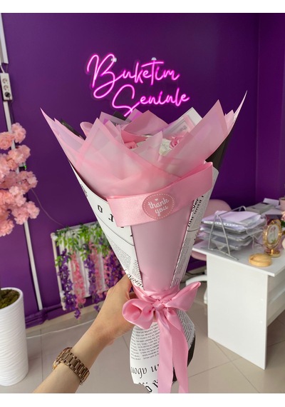11'li Pembe Ve Beyaz Kurdeleli Solmayan Saten Gül Buketi Pembe Beyaz