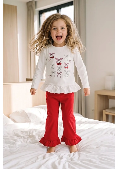 Zuzunga Kız Çocuk Cherry Fiyonk Desenli Fırfırlı Pijama Takımı Toka Hediyeli Kırmızı