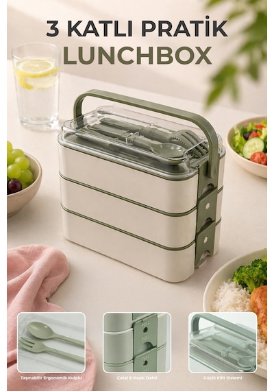 3 Katlı Bölmeli Lunchbox - Kilitli - Taşıma Saplı - Kaşık & Çatal Dahil Yeşil