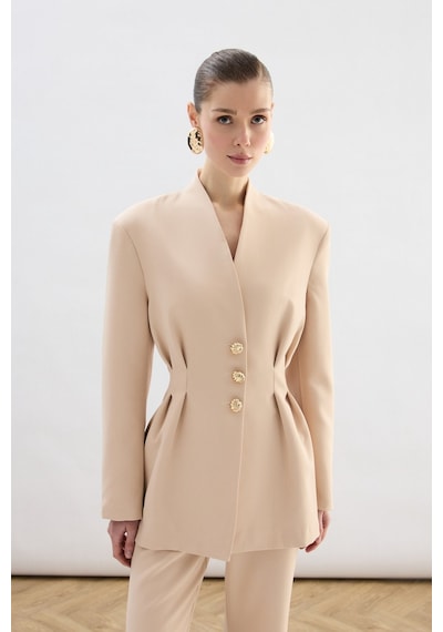 Sateen Gold Düğmeli Uzun Ceket - Bej-136771 Bej