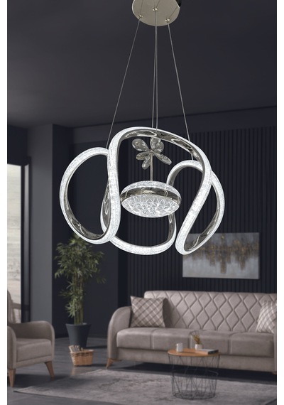 Dünya Eliza Simli Slikonlu Tek Toplu Modern Oturma Led Avizesi - Kumandalı / Krom Krom