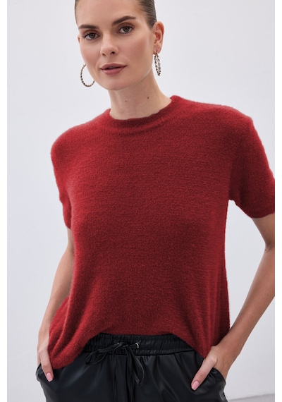 Sateen Sakallı Kısa Kol Triko - Bordo-136537