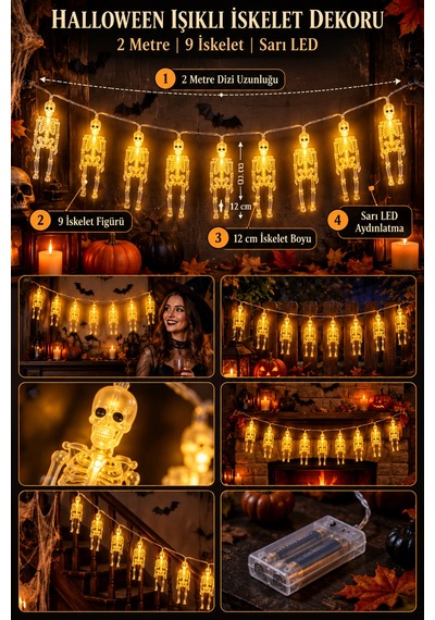 Halloween 2 Metre 9 Adet 12 Cm İskeletli Sarı Led Işıklı Pilli Cadılar Bayramı Asma Parti Dekoru Renkli