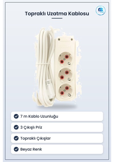 Düz Priz 7 M 3 Çıkışlı Topraklı Grup Uzatma Kablosu Beyaz Ev Ofis