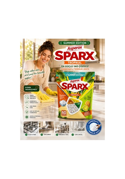 Asperox Sparx Tropikal Bulaşık Makinesi Kapsülü 60 Lı Karbonatlı Güçlü Yağ Çözücü, Narenciye Ferahlığı, Summer Edition