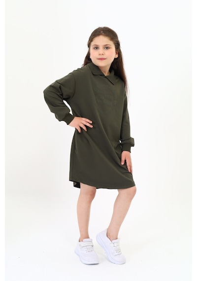 Kız Çocuk Baskılı Oversize Polo Yaka Uzun Kollu Elbise Haki