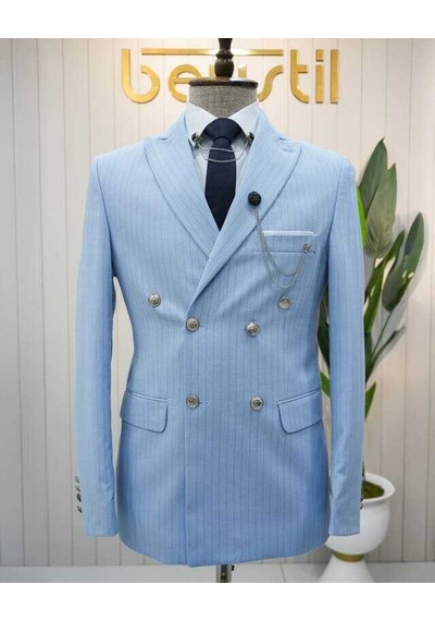 Beystil Sivri Yaka Bebe Mavisi Çizgili Kruvaze Takım Elbise - Slim Fit Mavi