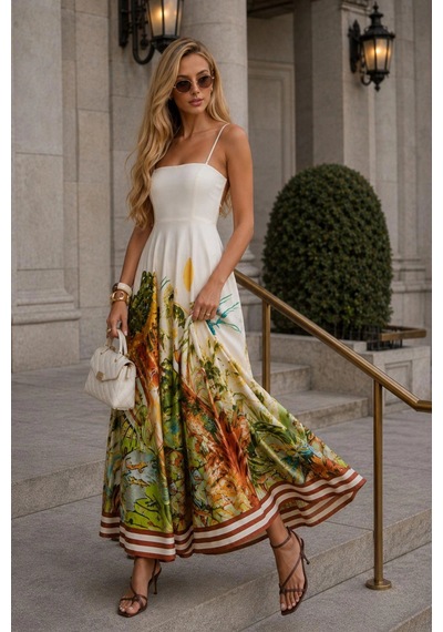 Asprinfashion Askılı Dijital Baskılı Maxi Elbise Yeşil