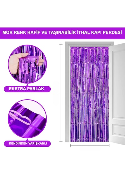Mey İthalat Mor Renk Ekstra Metalize Parlak Saçaklı Arka Fon Perde İthal A Kalite 1x2 Metre