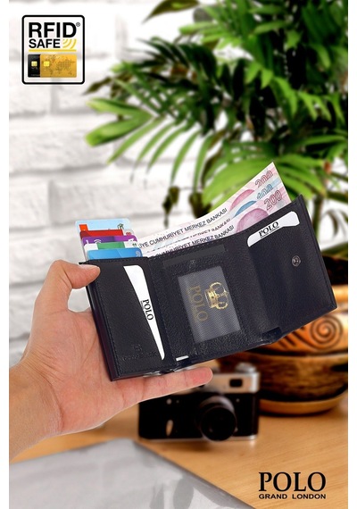Orijinal Otomatik Mekanizmalı Kutulu Rfid Korumalı Hırsızlık Engelleyici Para & Kartlıklı Cüzdan siyah
