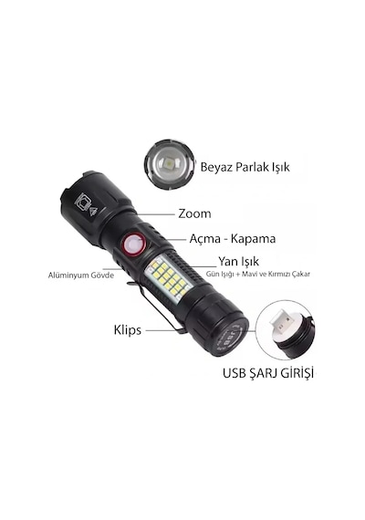 Ultra Usb Şarjlı El Feneri 1000 Lümen Kırmızı Mavi Çakar Çok Renkli