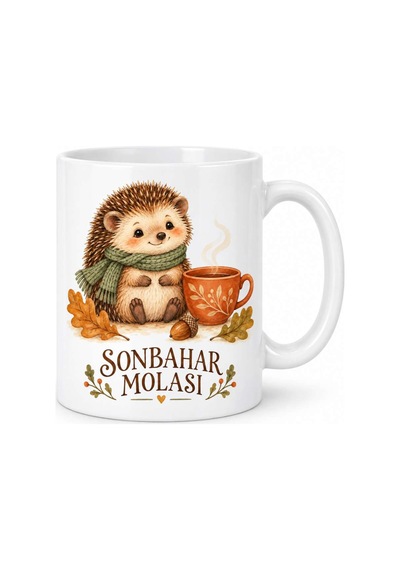 Sonbahar Molası Kirpi Tasarımlı Porselen Kupa - Yaprak Ve Kahve Temalı - Model 258